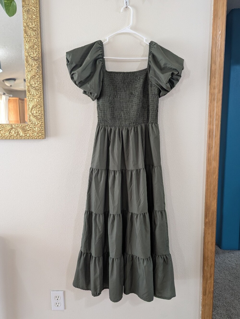 Smocked Olive Green Midi Dress - Picture 2 of 7